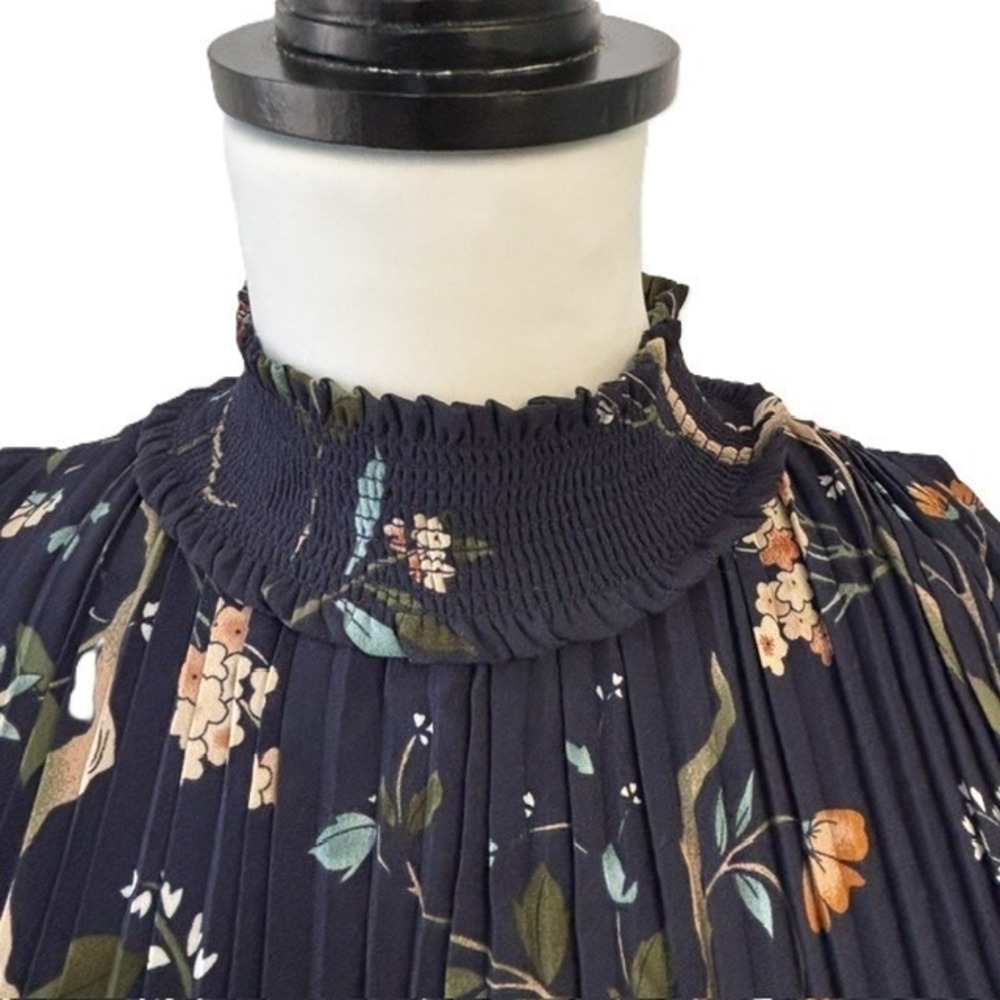 Nanette Lepore Pleated Midi Dress Women 6 Navy Blue Floral Smocked Waist - Picture 10 of 15